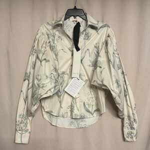 Johanna Ortiz Green Leaving 100% Cotton Floral Top, Size 2, Color Eccru/Jade